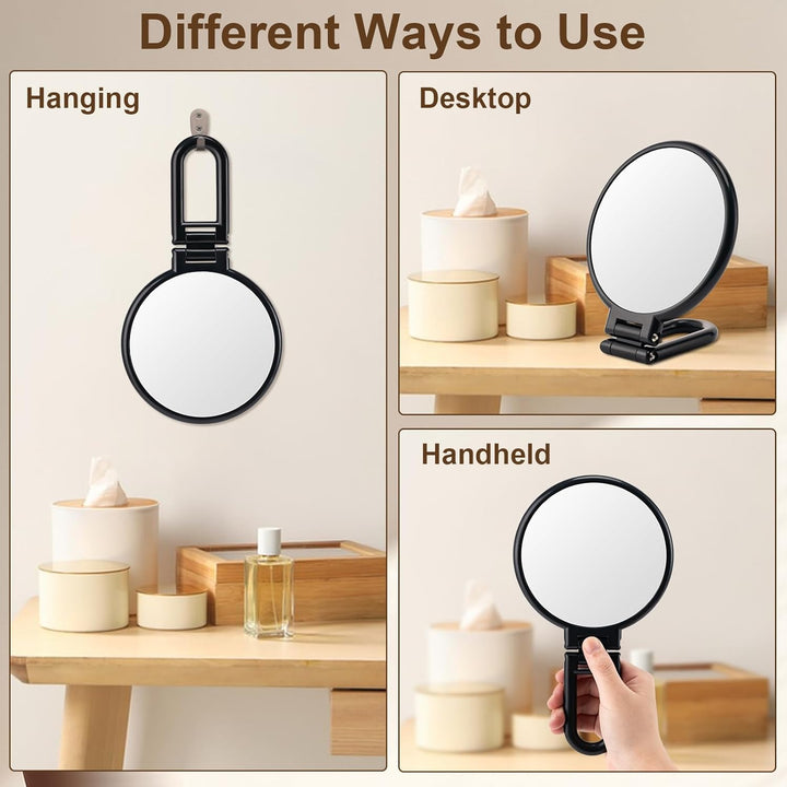 1X/10X Magnifying Handheld Mirror Double Sided, Foldable Travel Makeup Mirror, Adjustable Rotation Pedestal Hand/Hanging/Desk Vanity Mirror-Black