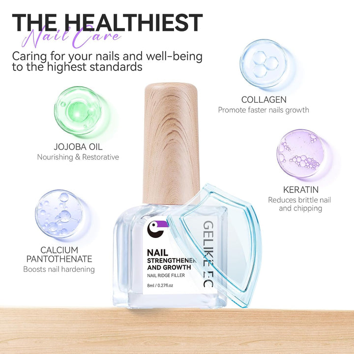 Nail Ridge Filler for Damaged Nails:  8 in 1 Nail Strengthener for Thin Nails and Growth - Protein Nail Ridge Filler with Top Coat Free