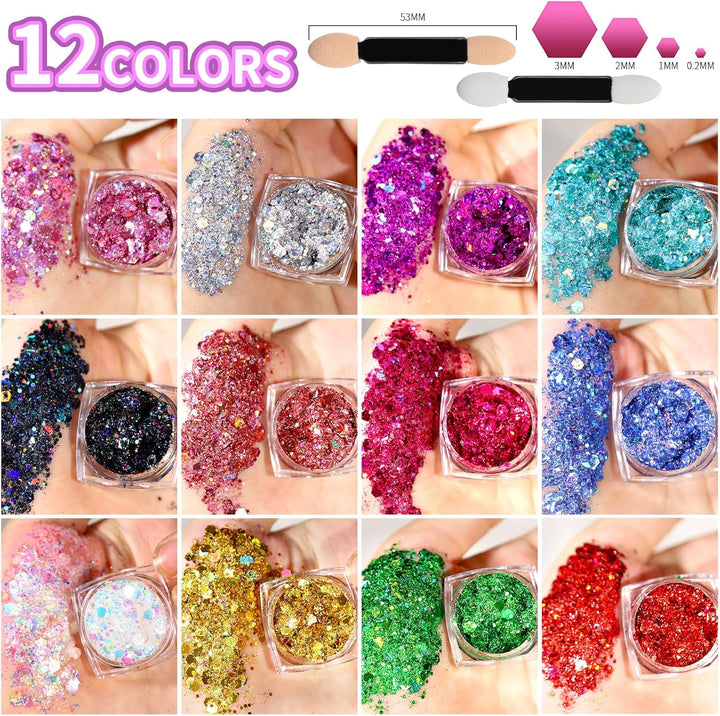 Body Glitter Face Glitter Makeup Festival Glitter, 12 Colors Face and Body Glitter Gel, Hair Glitter Gel, Body Makeup