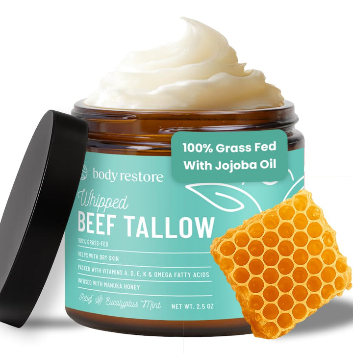 Grass Fed Whipped Beef Tallow for Dry Skin, Face - Manuka Honey, Jojoba Oil, Christmas Stocking Stuffers, White Elephant, Birthday Gifts for Women, Men, Travel Essentials - Eucalyptus