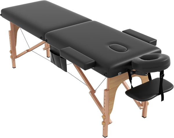Massage Table Massage Bed Portable, 29 Lbs Light Weight 2 Section Foldable Tattoo Bed Facial Care Spa Lash Bed Height Adjustable Sturdy Wooden Frame with Accessories Carrying Bag, Black
