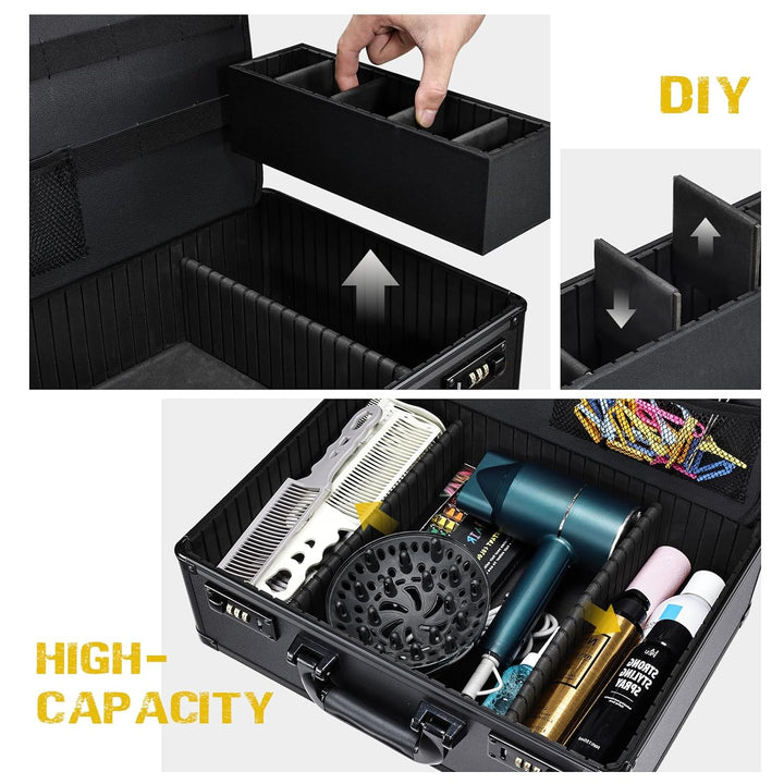 Barber Accessories Case, Profesional Barbers Briefcase Tool Case, Barber Cases for Clippers and Supplies, Hair Scissors Clippers Trimmer Organizer, Barbers Suitcase with Code Lock Black