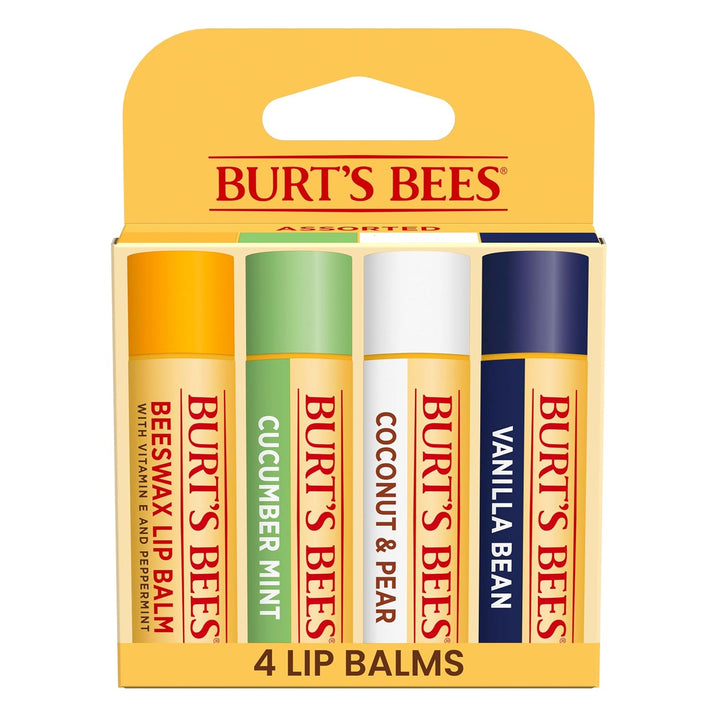 Lip Balm - Pink Grapefruit, Mango, Coconut & Pear, and Pomegranate Pack, Lip Moisturizer with Beeswax, Tint-Free, Natural Origin Conditioning Treatment, 4 Tubes, 0.15 Oz.