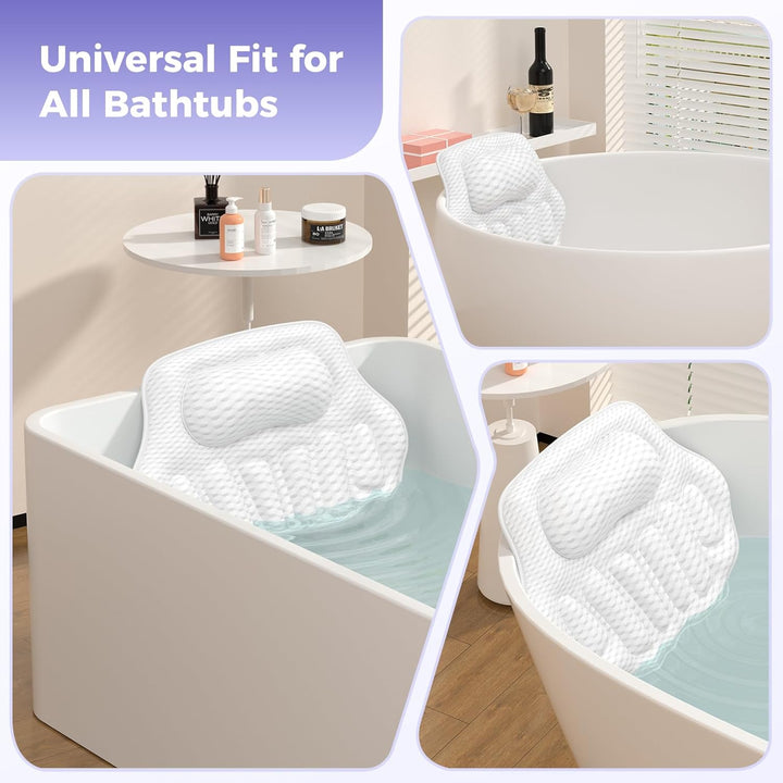 Bath Pillows for Tub, Ergonomic Bathtub Pillow for Head & Neck Relaxation, 4D Air Mesh Bath Cushion with 6 Non-Slip Suction Cups, Fits All Bathtubs (White)