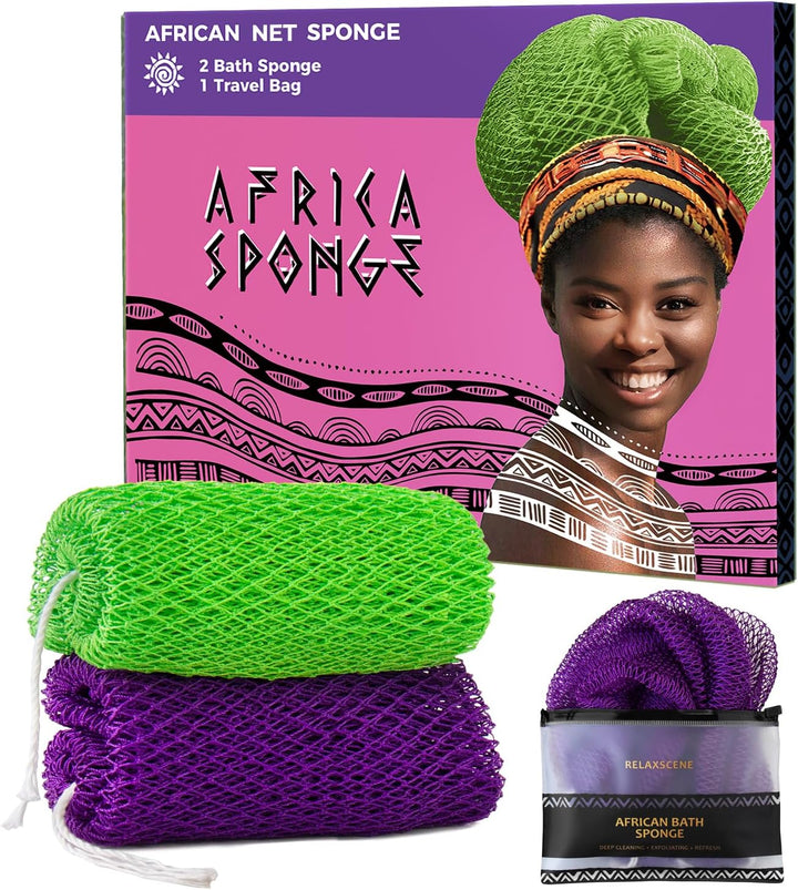 African Net Sponge Authentic - 2 Pieces Loofah Exfoliating Body Scrubber Bath Sponge - Back Scrubber Washcloth for Shower - Real African Scrub Exfoliator Body Care Bathing Accessories for Women