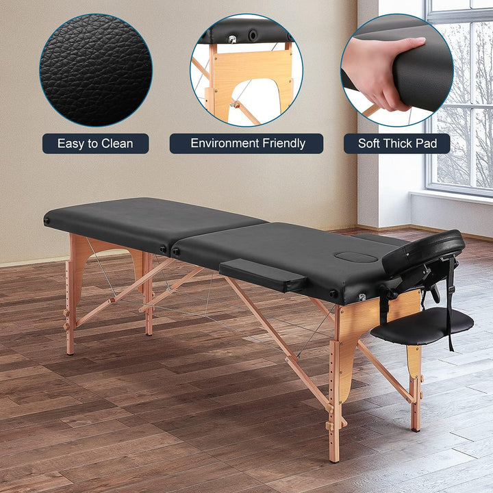 Massage Table Portable Lash Bed Wide Massage Bed Beauty Spa Tattoo Face Cradle Height 35Inch Adjustable 2 Fold for Gift with Bag Black