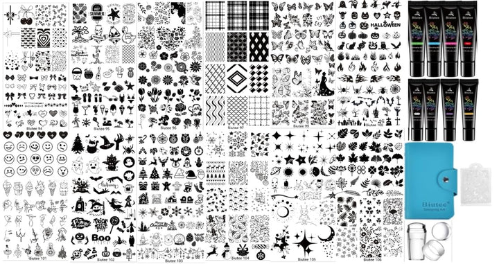 Nail Stamper Kit 15Pcs Nail Art Stamp Plate 8Pcs Stamp Gel Polish 1Pcs Nail Stamper Scraper Set with Storage Bag, Nail Stamp Template Kit Flower Lace Animal Star Halloween Christmas Design