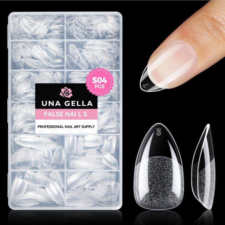 Almond Gel Nail Tips, 504PCS Pre Etched Clear Fake Nails Tips Medium Almond Shape - 12 Sizes Full Cover Soft Acrylic Press on Nail Extensions No C Curve Gift for Diy at Home