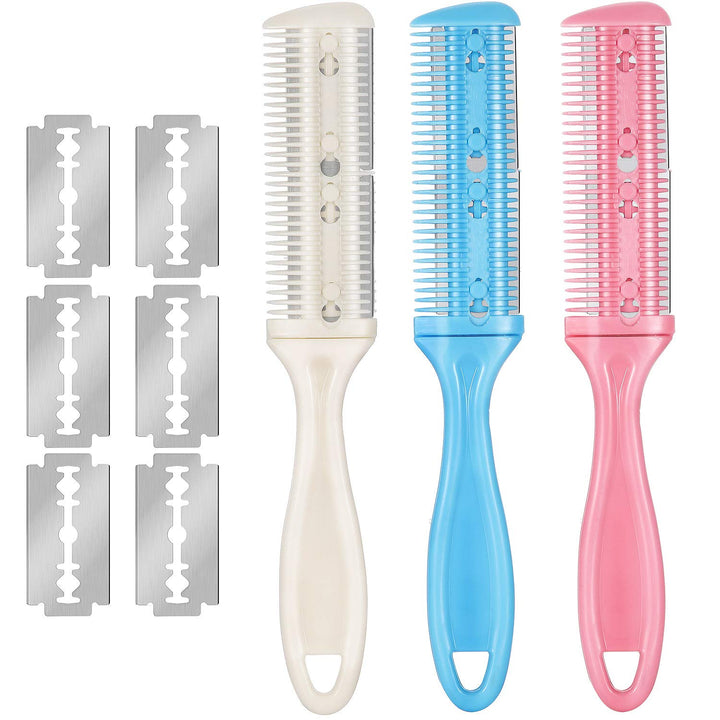 3 Pieces Hair Cutting Comb Set with 10 Razors, Double Edge Razor, Thinning Comb for Slim Haircuts (Green, Purple, Pink)