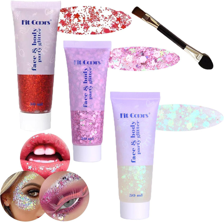 Body Glitter Face Glitter Gel: Singer Concerts Disco Festival Rave Accessories Face Glitter Makeup 150Ml Chunky Sequins Mermaid Face Body Hair Glitter Gel (White&Silver&Pink)
