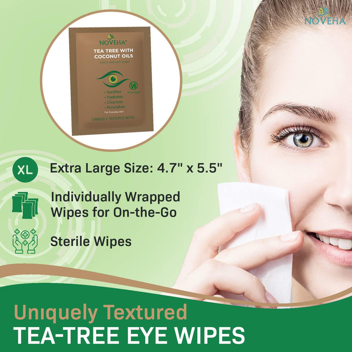 60Pcs Tea Tree & Coconut Oil Eyelid & Lash Wipes - for Demodex, Blepharitis & Itchy Eyes, Individually Wrapped Eyelash Wipes with Aloe Vera, Natural Makeup Remover & Daily Eye Cleanser