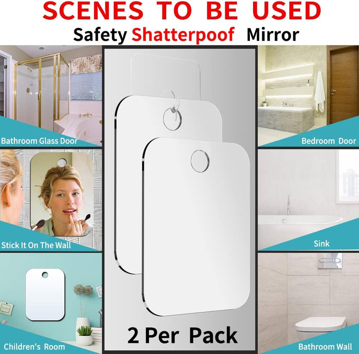 Shatterproof Shower Mirror Fogless for Shaving(2 Pack,Larger 10.7X8 Inch) 43% than Original,Unbreakable Deluxe Plexiglass Makeup Mirror,Largest Bathroom Wall Hanging,Portable Handheld Camping,Silver1