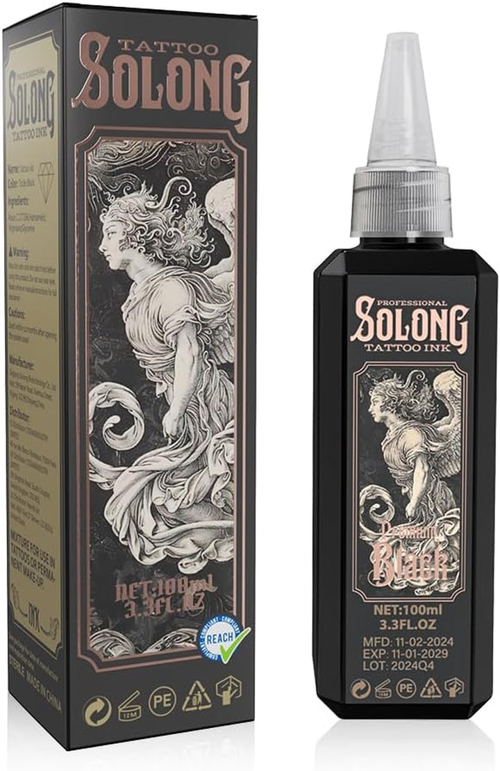 Tattoo Ink,Solong S Series 3.4Oz(100Ml) Professional Black Tattoo Ink for Outlining,Shading and Blending-Premium Black Tattoo Supplies,Ti303S-100-031
