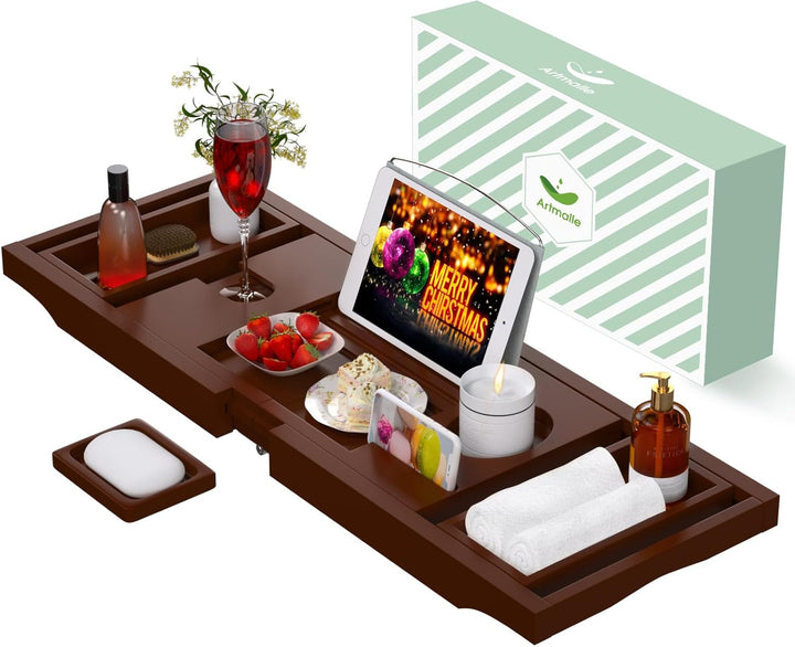 Luxury Bathtub Caddy Tray for Tub - Foldable Bamboo Bath Table Tray with Book and Wine Glass Holder, Expandable Bathroom Accessories for Spa or Reading Lite Style