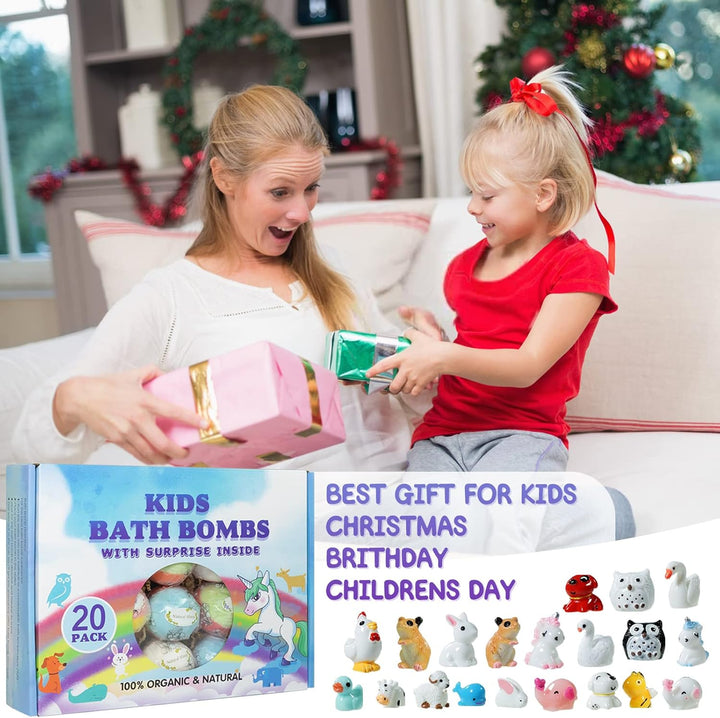 Bath Bomb Gift Set with Toys Inside, 20 Pack Organic Bath Bombs for Kids, Kids Safe Handmade Fizzy Balls for Kid, Ideal Birthday Gift for Boys & Girls