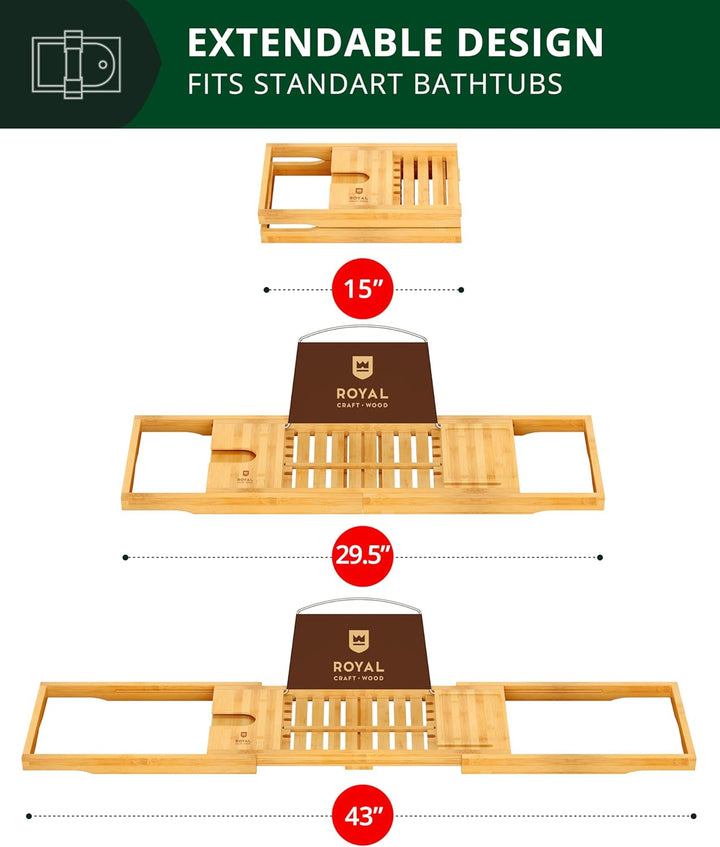 Premium Foldable Bathtub Tray Caddy - Wood Bath Tray for Tub, Bamboo Shelf, Expandable Bath Table Trays, Bathtub & Bathroom Accessories for New Home & Mothers, Birthday Gifts for Mom
