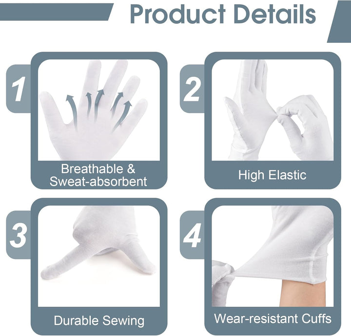 24 Pcs White Cotton Gloves for Dry Hands & Eczema, Moisturizing Sleeping Gloves for Men and Women, Stretchy Breathable Work Glove for Eczema, Jewelry Inspection, Spa