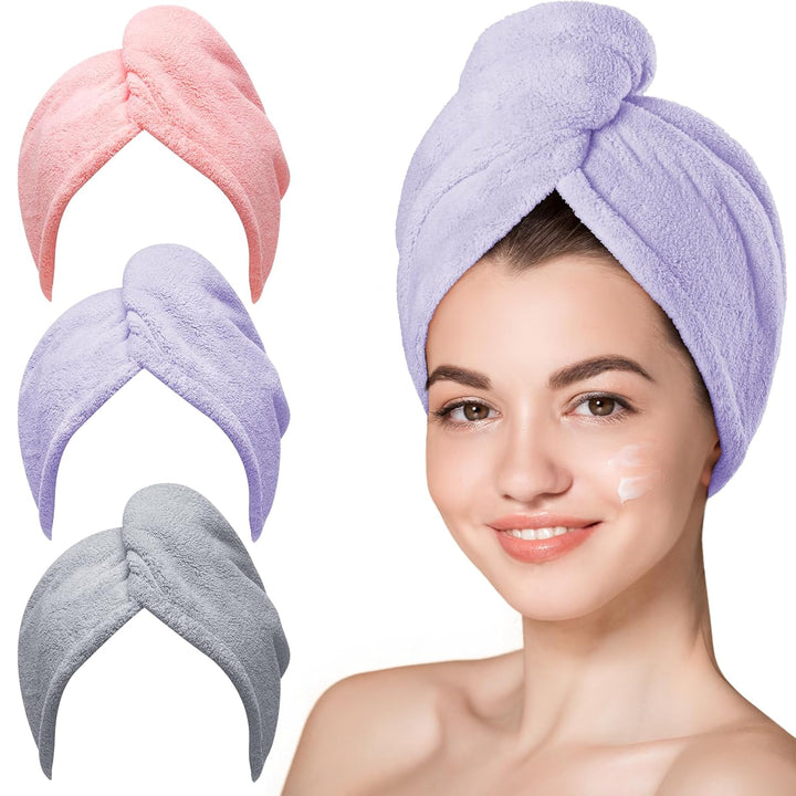 Microfiber Hair Towel,Turbans for Drying Wet Hair, anti Frizz Hair Wrap Towels for Curly Hair Women (Blue,Grey,Pink) , 3 Packs