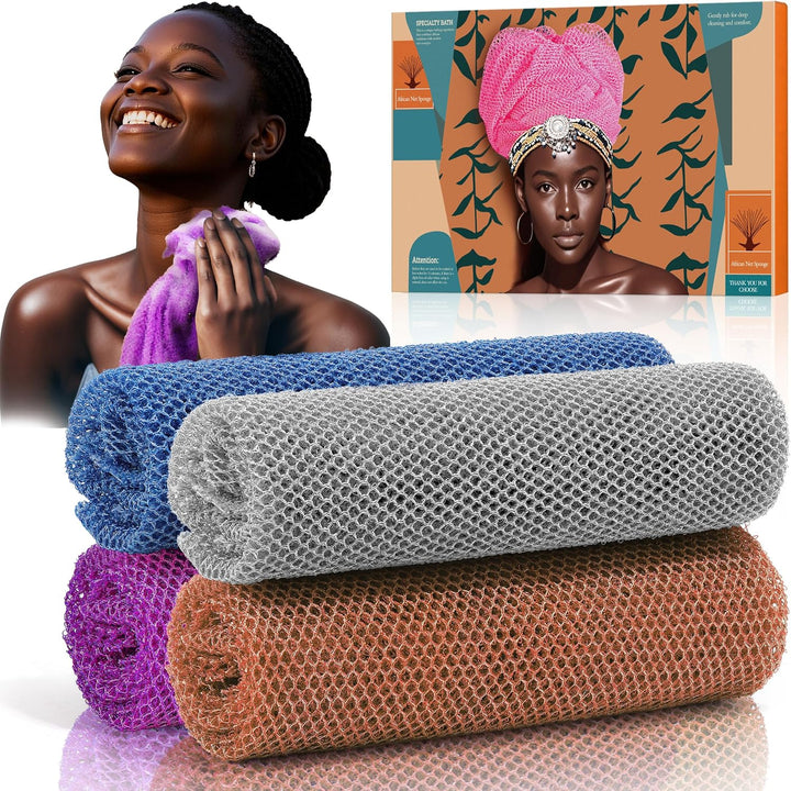 4 Pieces African Net Sponge – Premium African Net Sponge for Deep Exfoliation Quick-Dry and Reusable Mesh for Smooth Skin（Yellow Pink Purple Blue）