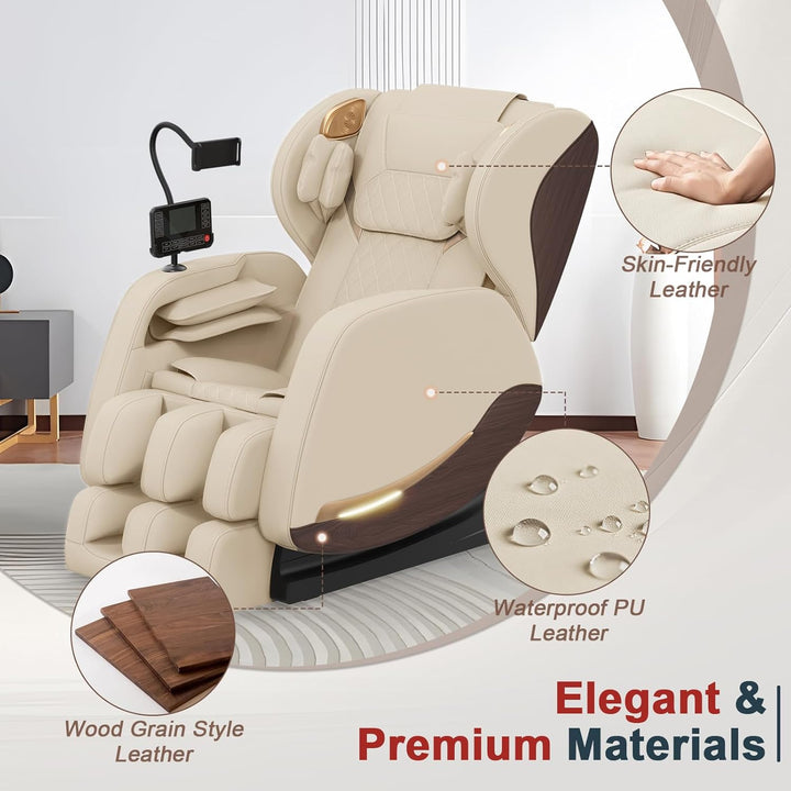 2025 Massage Chair, Massage Chairs Full Body and Recliner with 10 Fixed Points, Zero Gravity, Wood Grain Leather, Foot Massage, Airbags, Lumbar Heating, Bluetooth and Control Screen (Creamy White)