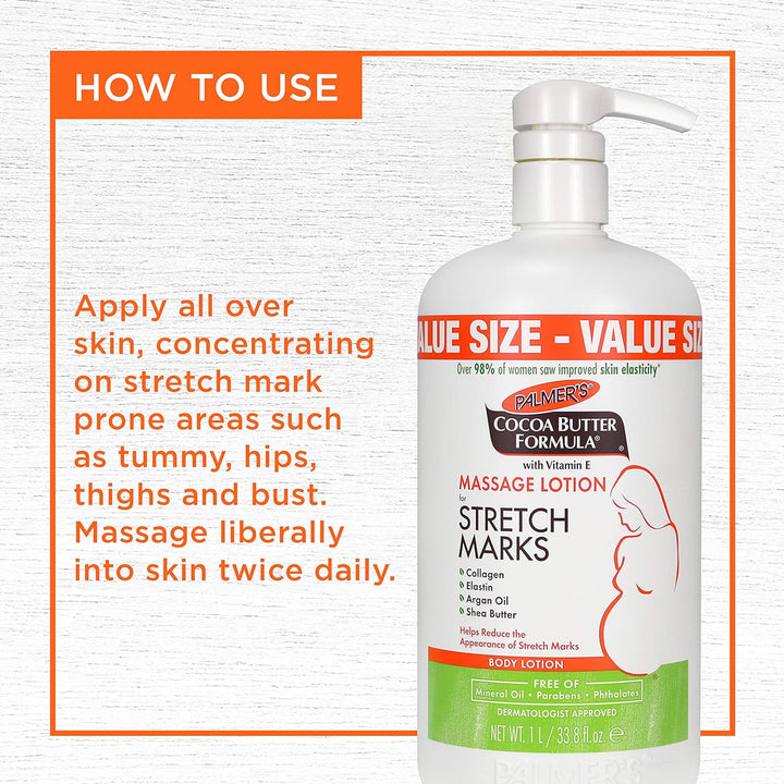 Cocoa Butter Formula Massage Lotion for Stretch Marks, Pregnancy Skin Care, Belly Cream with Collagen, Elastin, Argan Oil and Shea Butter, 33.8 Ounces