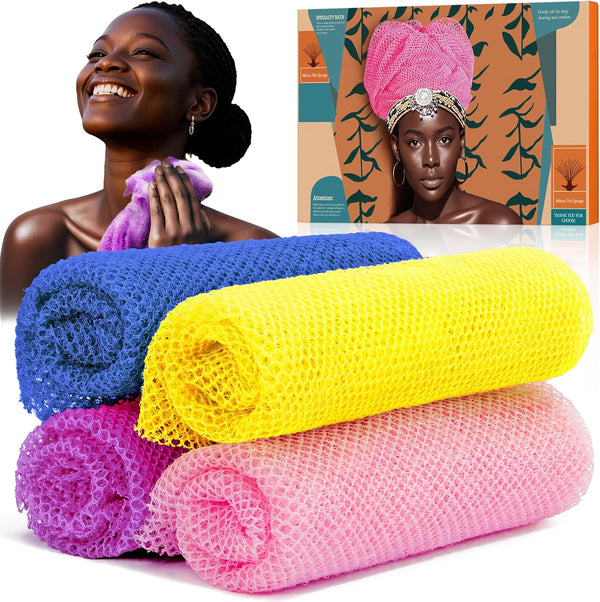 4 Pieces African Net Sponge – Premium African Net Sponge for Deep Exfoliation Quick-Dry and Reusable Mesh for Smooth Skin（Yellow Pink Purple Blue）