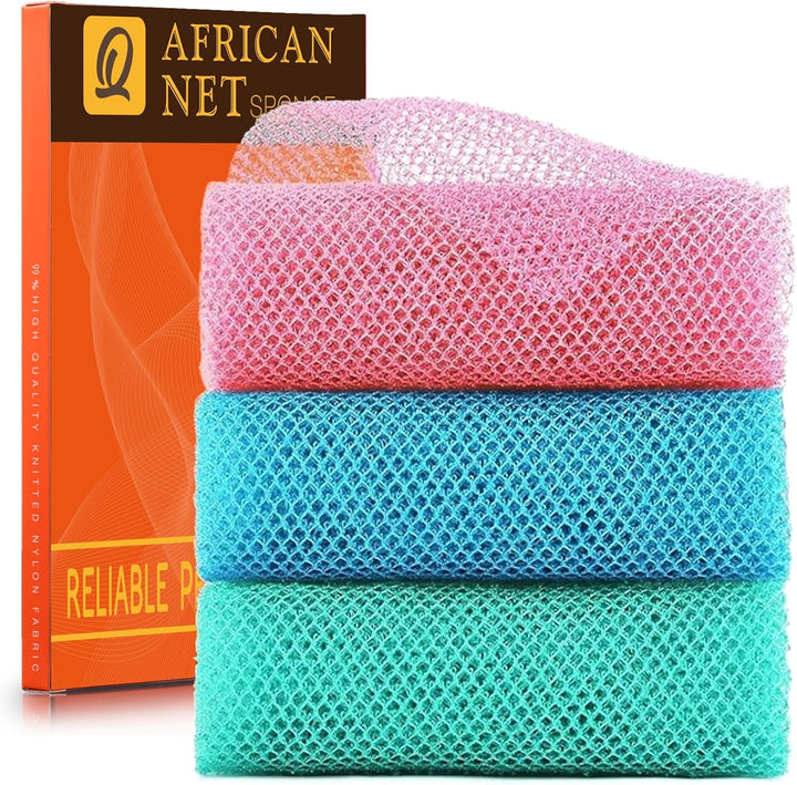 3 Pieces African Bath Sponge African Net Long Net Bath Sponge Exfoliating Shower Body Scrubber Back Scrubber Skin Smoother,Great for Daily Use (Pink,Yellow,Purple)