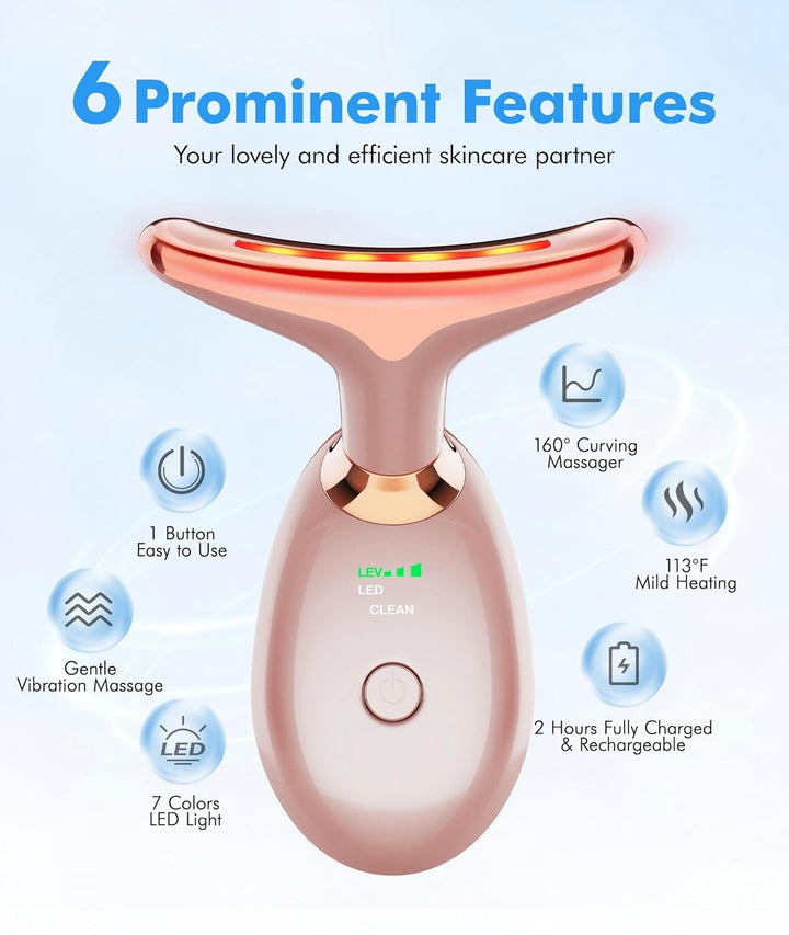 Red Light Therapy for Face and Neck, 7 Color Face Massager Tool for Wrinkles, Double Chin, Vibrating Facial Massager with Thermals for Skin Care, Rose Gold
