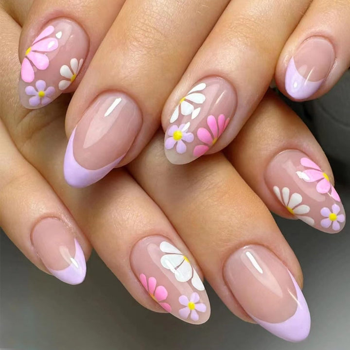 Press on Nails Almond Fake Nails French Tip False Nails with Gold Line Design Glue on Nails Press Ons Medium Acrylic Nails Glossy Full Cover Stick on Nails for Women Manicure 24Pcs