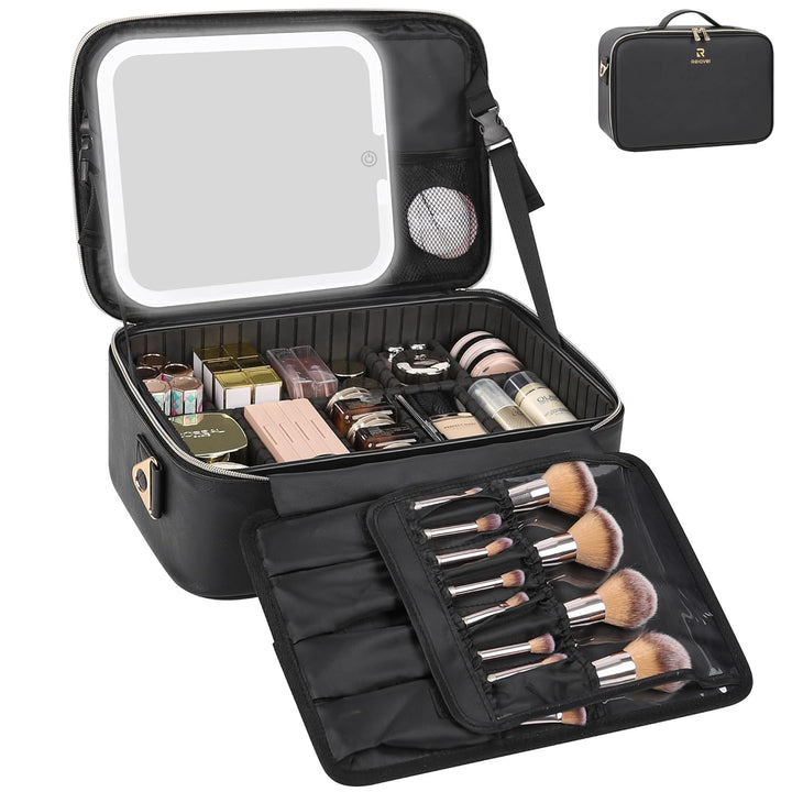 Travel Makeup Bag with LED Mirror, Cosmetic Train Case with Light up Mirror, Portable Makeup Artist Organizer Bag with Adjustable Dividers, Makeup Brush Holder Storage, Black