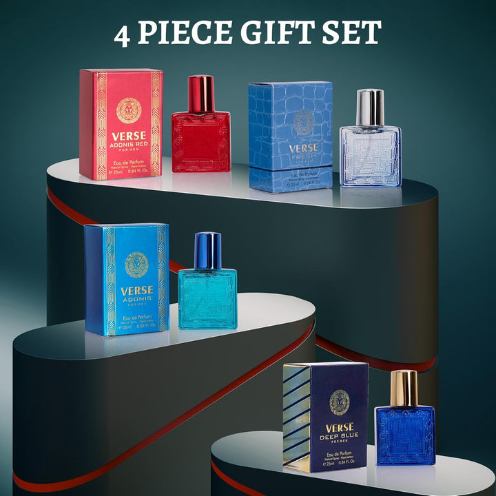 Verse Mini 4-Piece Fragrance Gift Set for Men - Aromatic, Floral, Oriental & Woody Notes - Individually Boxed - Travel Size - 25Ml Eau De Parfum