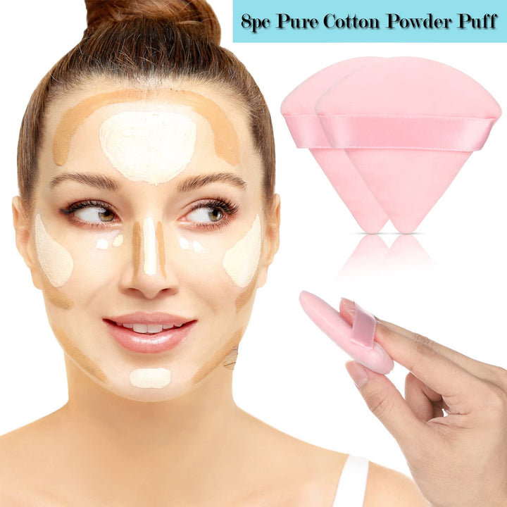 8 Pcs Cotton Powder Puff Face, Triangle Super Soft for Both Dry and Wet Makeup Setting/Concealer/Loose and Body Powder/Foundation/Blush Makeup Sponge Set (Pink)