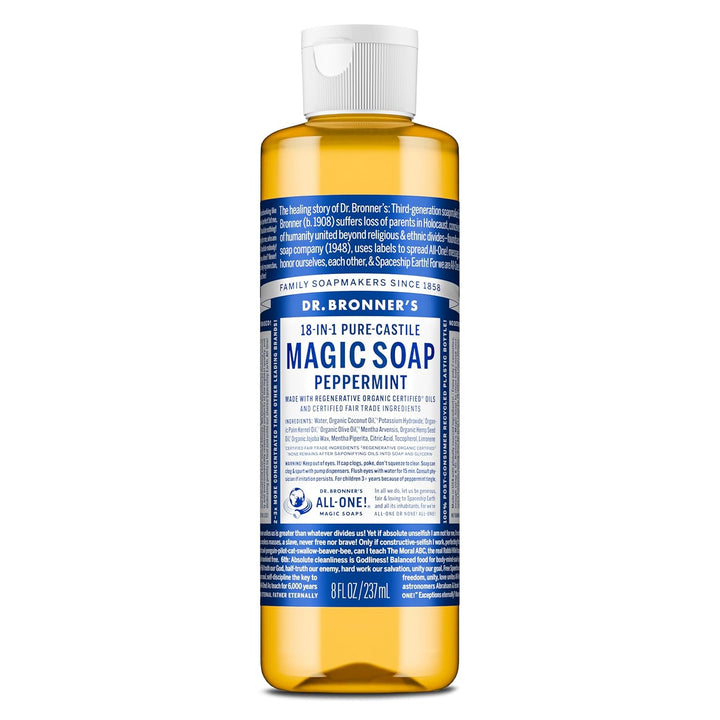 Pure-Castile Magic Liquid Soap - Made with Regenerative Organic Certified Oils- 18-In-1 Uses for Face, Body, Hand, Hair, Laundry & More- Vegan, Non-Gmo- Body Wash- Peppermint,32Oz