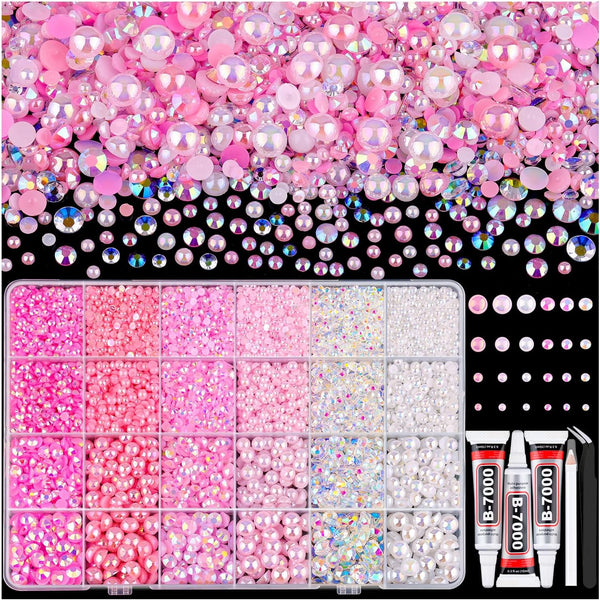 9000PCS Flatback Pearls and Pink Rhinestones for Bedazzling Kit, Pink White 3-10Mm Resin Rhinestones Gems and Half Pearls for Crafting, Nail Art and Grad Cap Decor with B7000 Jewelry Glue