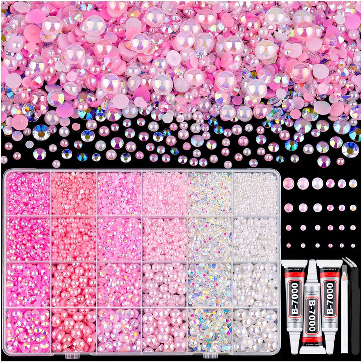 9000PCS Flatback Pearls and Pink Rhinestones for Bedazzling Kit, Pink White 3-10Mm Resin Rhinestones Gems and Half Pearls for Crafting, Nail Art and Grad Cap Decor with B7000 Jewelry Glue