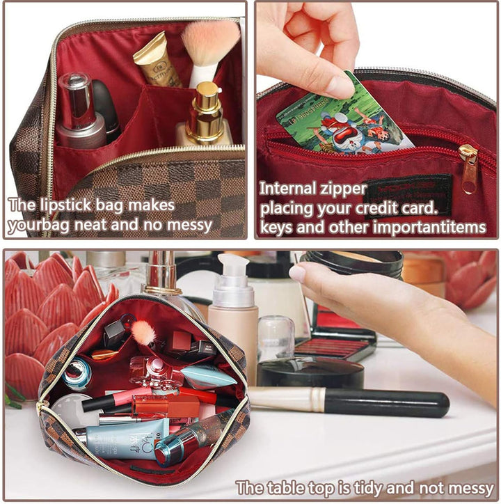 Makeup Bag, Cosmetic Bag, Portable Leather Large Checkered Makeup Bag, 2 Pack Large Capacity Travel Cosmetic Bag for Women, Lightweight Design and Waterproof Toiletries Bag Christmas Gifts