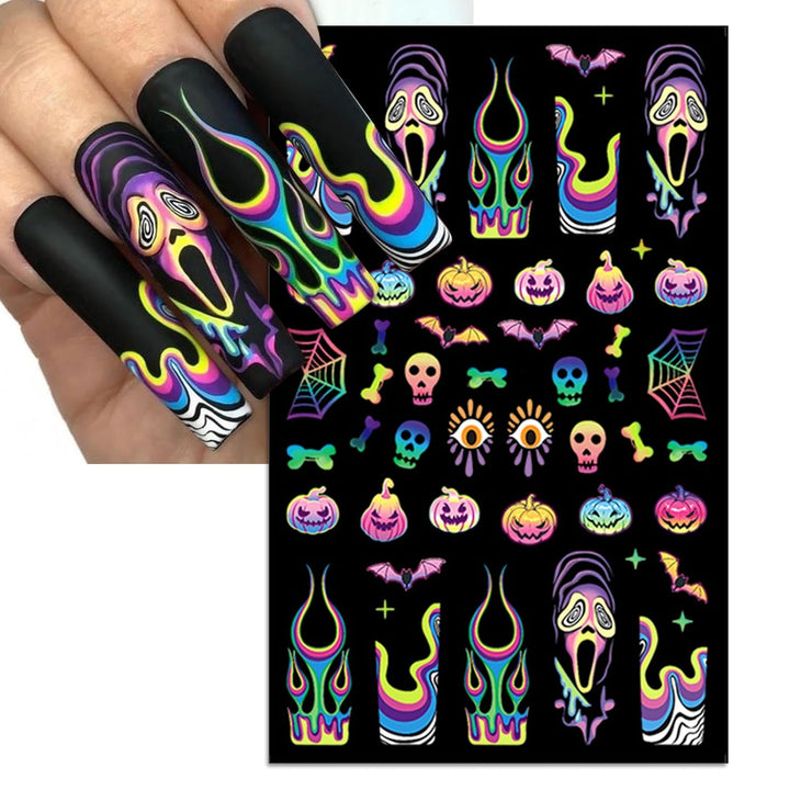 Halloween Nail Art Stickers, Gradient Pumpkin, Horror Mask Nail Decals, 3D Self-Adhesive Spider-Web Bat Design for DIY Nail Supplies Decoration (5 Sheets)