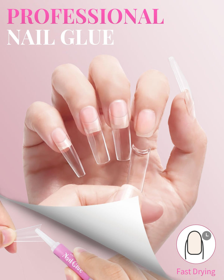 Clear Acrylic Nail Tips, 500 Pcs French Nail Tips Square Half Cover with Glue, Clipper, Files and Cuticle Fork for Salons and Home DIY
