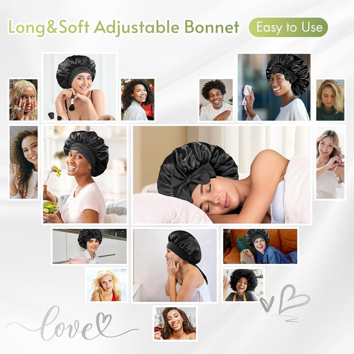 Silk Bonnet for Sleeping Women Satin Bonnet Night Sleep Cap Hair Wrap for All Hair with Adjustable Tie Band,Black