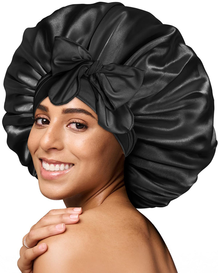 Silk Bonnet for Sleeping Women Satin Bonnet Night Sleep Cap Hair Wrap for All Hair with Adjustable Tie Band,Black