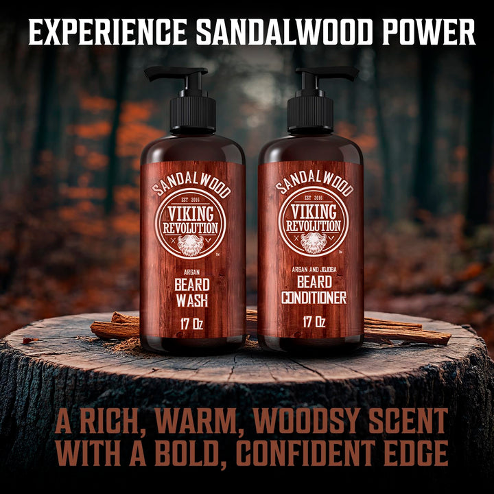 Beard Wash & Beard Conditioner Set with Argan & Jojoba Oils - Softens and Strengthens - Natural Sandalwood Scent - Beard Shampoo with Beard Oil (17 Oz)