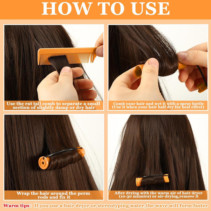 43 Pcs Hair Perm Rods Set, Large Plastic Cold Wave Rods Orange Curling Rods with Rat Tail Combs Hair Clips for Long Short Hair