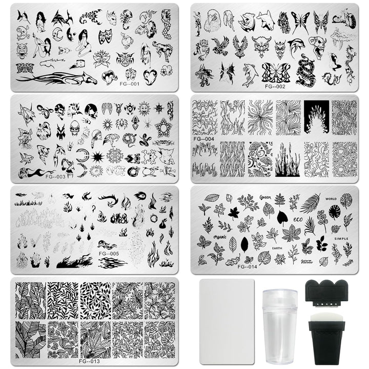 Nail Stamper Kit 7Pcs Nail Stamping Plates Geometric Mandala Flower Nail Stencils with 2 Stamp and 2 Scraper for Home Salon Manicure Design Supplies Tools