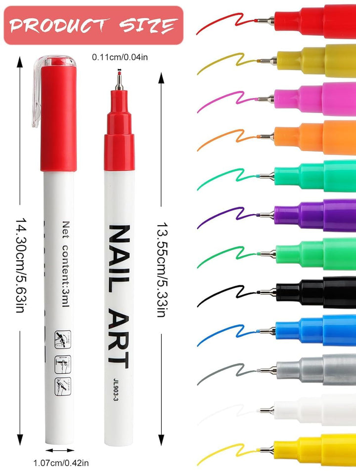 12 Color 3D Nail Art Pens Set,  0.5MM Nail Pens Nail Point Graffiti Dotting Pen Drawing Painting Liner Brush for DIY Nail Art Beauty Adorn Manicure Tools