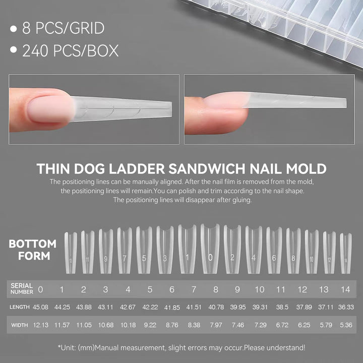 Original Sandwich Nails Dual Forms - 240Pcs Long Coffin Nail Mold for Quick Nails Extension, No Paper Forms Needed, 15 Sizes Plastic Form, Salon Nail Art Tools