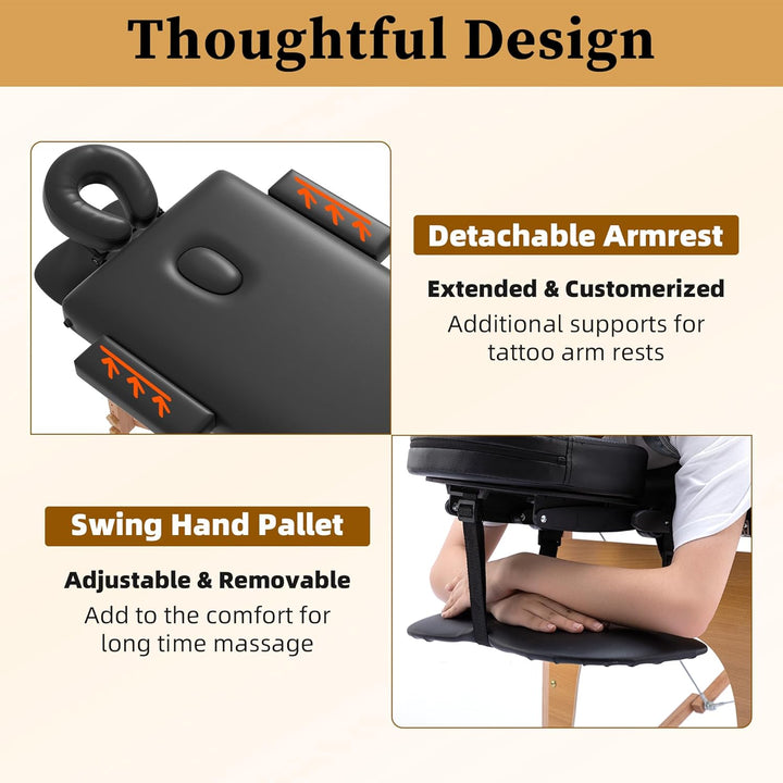 Massage Table Massage Bed Portable, 29 Lbs Light Weight 2 Section Foldable Tattoo Bed Facial Care Spa Lash Bed Height Adjustable Sturdy Wooden Frame with Accessories Carrying Bag, Black