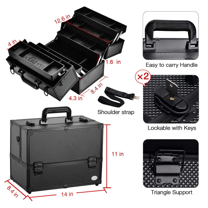 Makeup Train Case Professional Adjustable - 6 Trays Cosmetic Cases Makeup Storage Organizer Box with Lock and Compartments 14 Inch Large Black