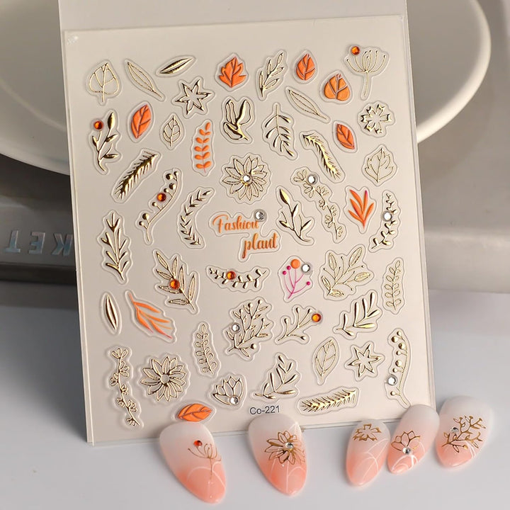 5D Embossed Autumn Maple Leaves Nail Stickers for Nail Art Thanksgiving Day Nail Art Stickers Fall Nail Decals Self-Adhesive Gold Maple Leaf Nails Sticker for Women Girls Nail Supplies