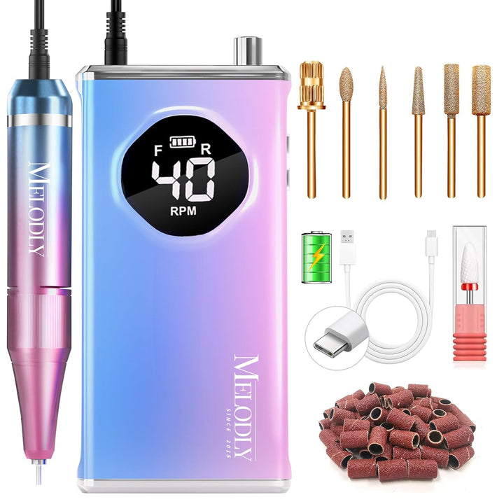 Electric Nail Drill File Professional 40000 RPM,  Rechargeable Electric Nail File Machine Kit for Acrylic Gel Nails Polishing Removing, Portable Cordless Efile with Gold Bits Kit at Salon Home
