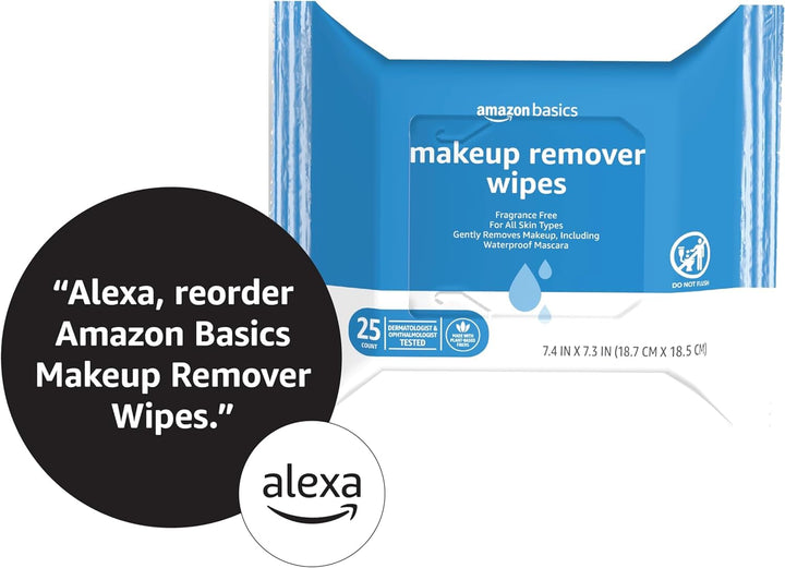 Makeup Remover Wipes, Gentle Cleansing, Dermatologist Tested, Fragrance-Free, Plant Based, Alcohol-Free, Removes Waterproof Mascara, 25 Count per Pack, Pack of 1